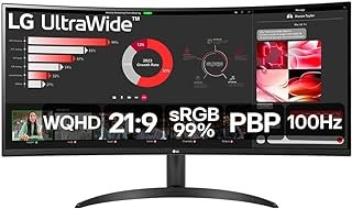 Monitor LG UltraWide Curvo – Tela VA de 34”, WQHD 3440 x 1440, 21:9, sRGB 99%, HDR10, PBP, OnScreen Control, Modo Leitura e Flicker Safe, 100Hz, AMD FreeSync™ – 34WR50QC-B