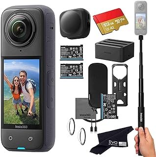 Insta360 Pacote de bateria X4 – à prova d’água 8K 360 pacote de câmera de ação inclui 2 baterias extras, carregador, bastão de selfie invisível, tampa de lente (512 GB)