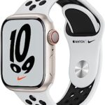Apple Watch Nike Series 7 (GPS + Cellular), Caixa em alumínio luz das estrelas de 41 mm com Pulseira esportiva Nike platina‑pura/preta