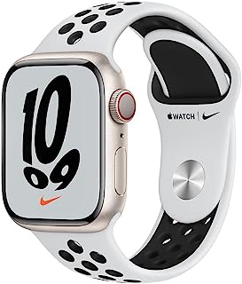 Apple Watch Nike Series 7 (GPS + Cellular), Caixa em alumínio luz das estrelas de 41 mm com Pulseira esportiva Nike platina‑pura/preta